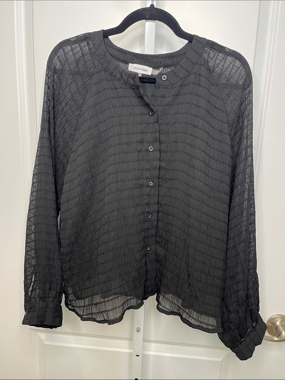 Calvin Klein Black Semi-Sheer Textured Button-Down Top XL